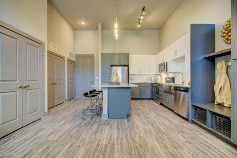a kitchen with stainless steel appliances and a blue counter top