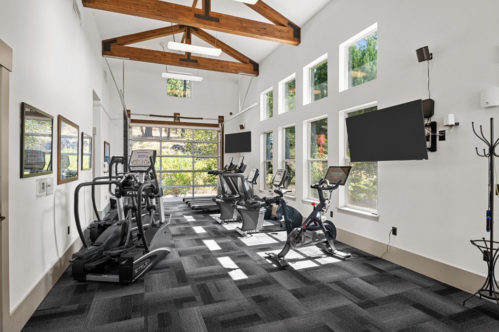 the gym has treadmills and other exercise equipment and windows