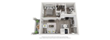 A1 3D floor plan - 1 bed 1 bath 626 sqft