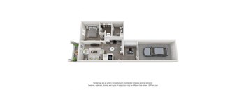 A1P 3D floor plan - 1 bed 1 bath 726 sqft