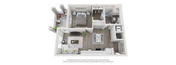 A2 3D floor plan- 1 bed 1 bath 674 sqft