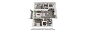 B1 3D floorplan - 2 bed 2 bath 972 sqft