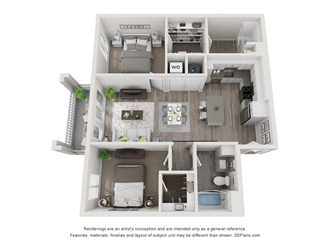 B1 3D floorplan - 2 bed 2 bath 972 sqft