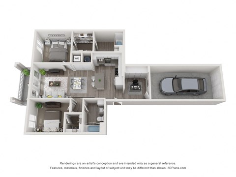 B1P 3D floorplan - 2 bed 2 bath 1072 sqft
