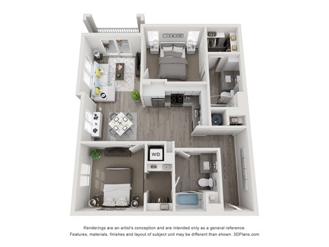 B2 3D floorplan - 2 bed 2 bath 1045 sqft