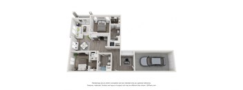 B2P 3D floorplan - 2 bed 2 bath 1142 sqft