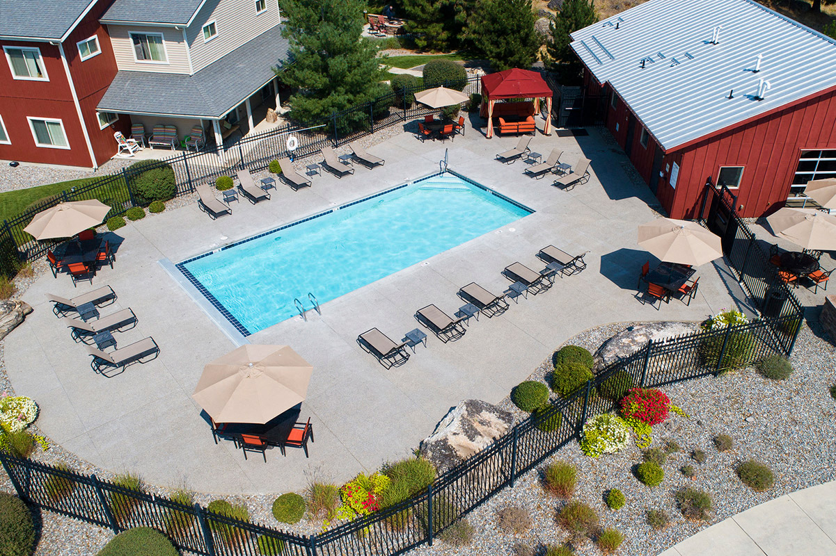 Pine Valley Ranch Apartments Community Pool and Patio Aerial View