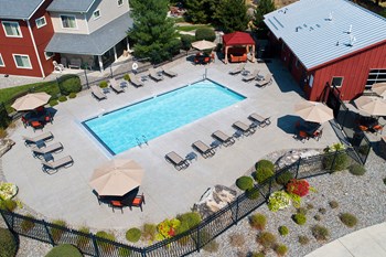 Pine Valley Ranch Apartments Community Pool and Patio Aerial View - Photo Gallery 14