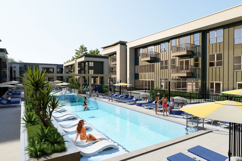 a rendering of the pool area at the new apartment complex being built on the campus