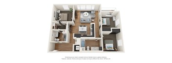 A 3D floor plan of a house with a kitchen, living room, and bedrooms.