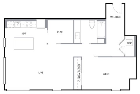 A floor plan of a house with labeled rooms such as "EAT", "FLEX", "LIVE", "SLEEP", and "W/D".