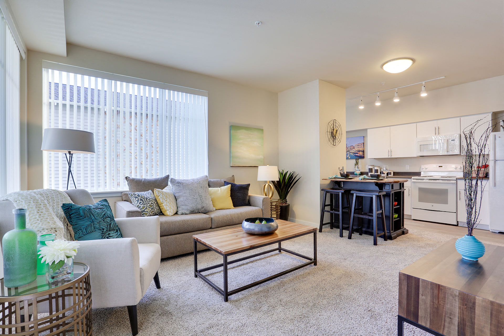 River House Apartments Living Room and Kitchen Area