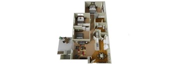 River House Apartments Spokane Valley, Washington Three Bedroom Two Bath 3D Floor Plans