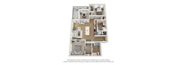a stylized view of a 3 bedroom floor plan of a 2100 sq ft apartment