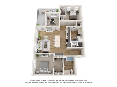 a stylized view of a 3 bedroom floor plan of a 2100 sq ft apartment