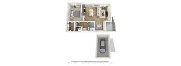 a stylized floor plan with a car in a bedroom