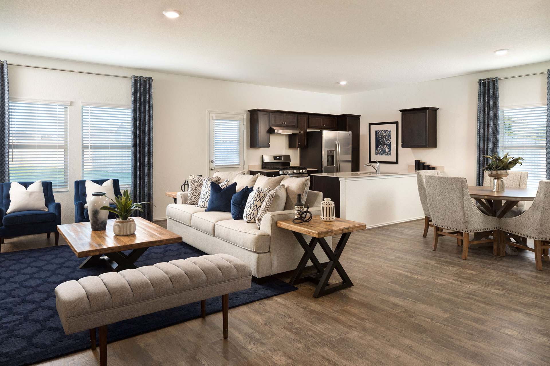 a living room with a couch and a table