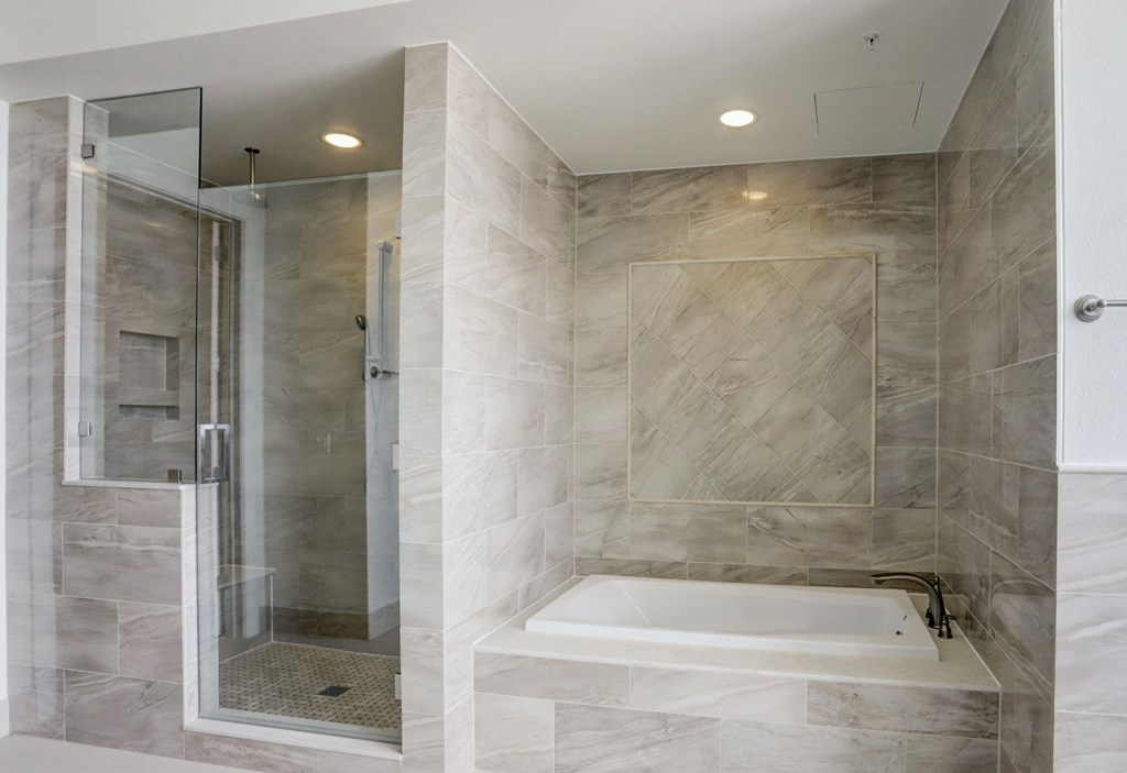 a shower and a bath tub in a marble bathroom