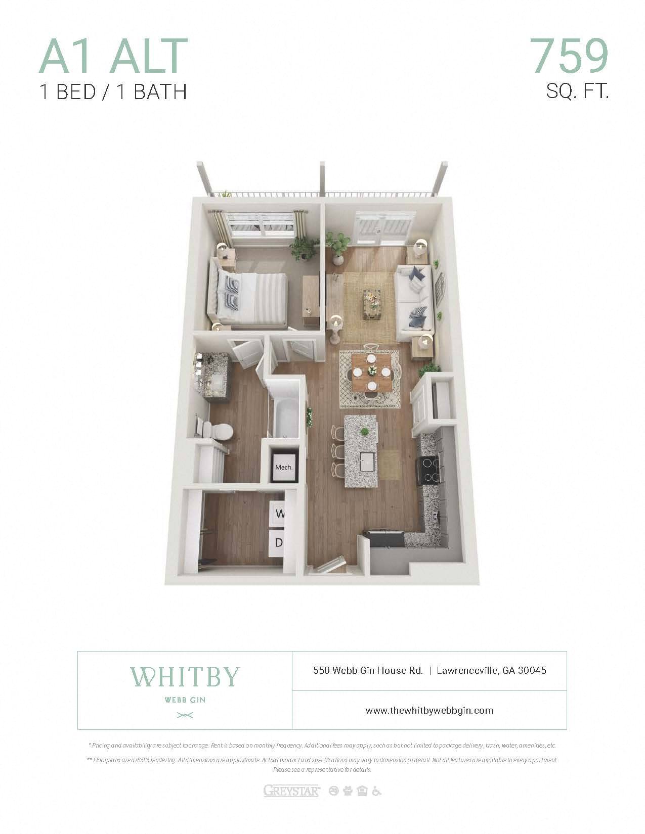 A 1 bedroom apartment with 1 bathroom is 759 square feet.