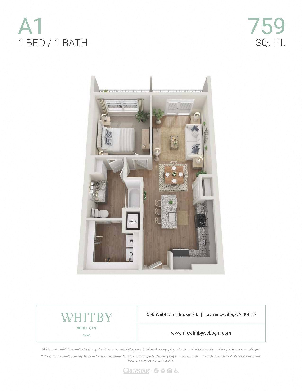 A 1 bedroom apartment with 1 bathroom and 759 square feet.