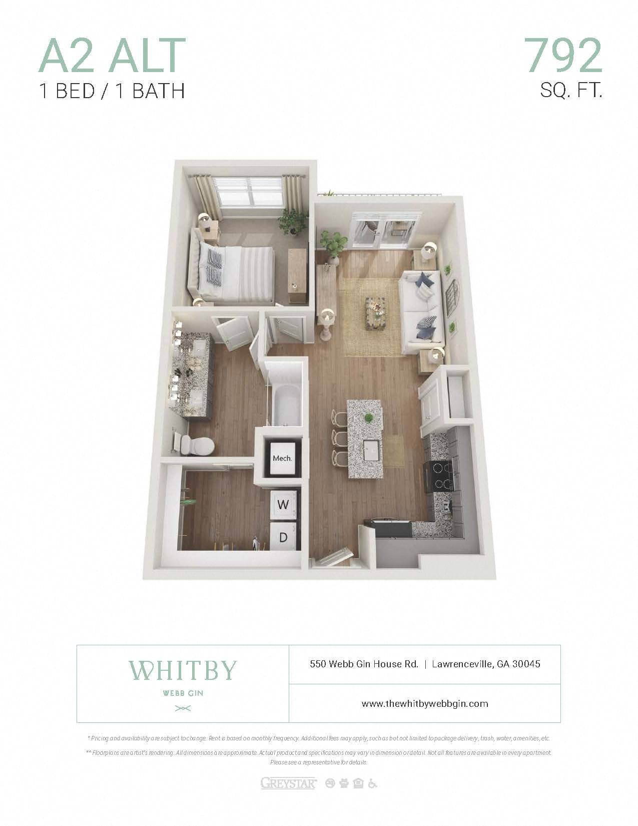 A floor plan of a one bedroom apartment with one bathroom.