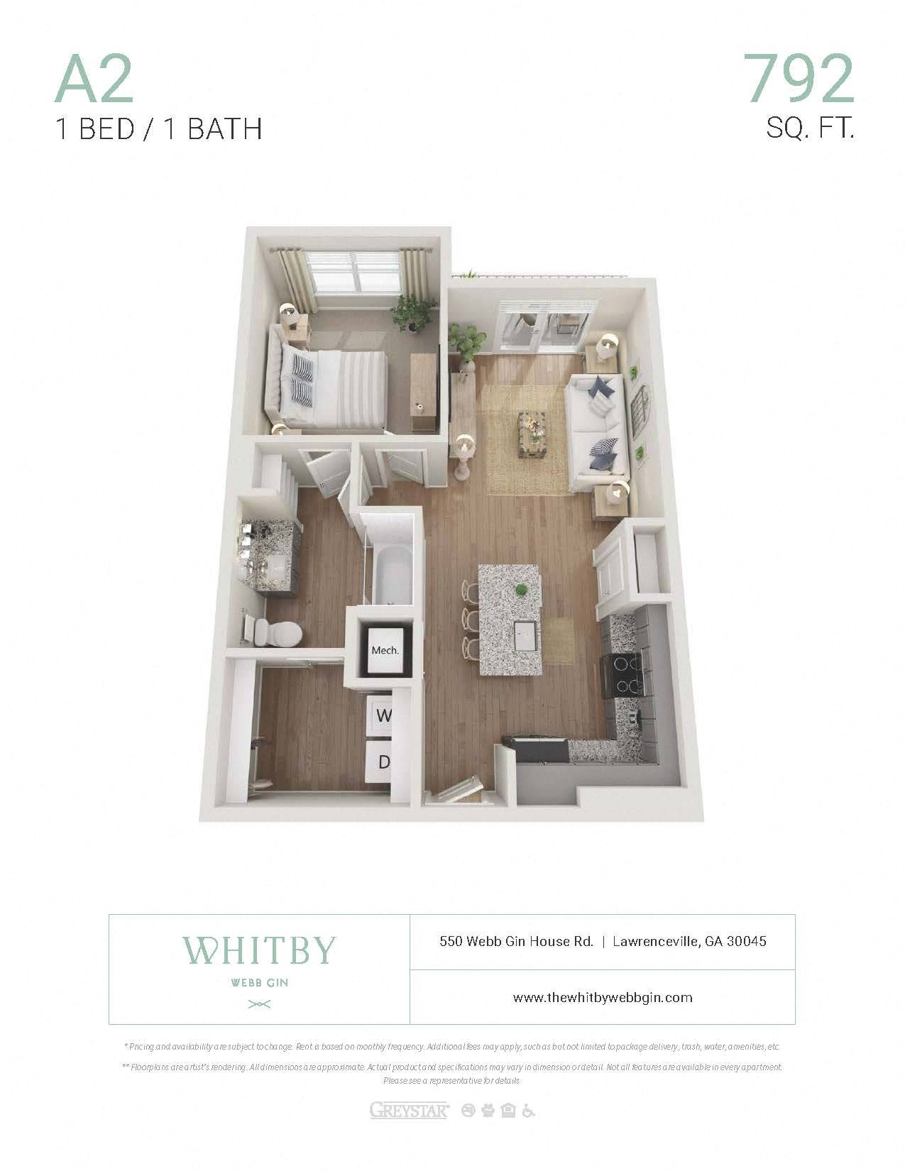 A 2 bedroom apartment with 1 bathroom is 792 square feet.