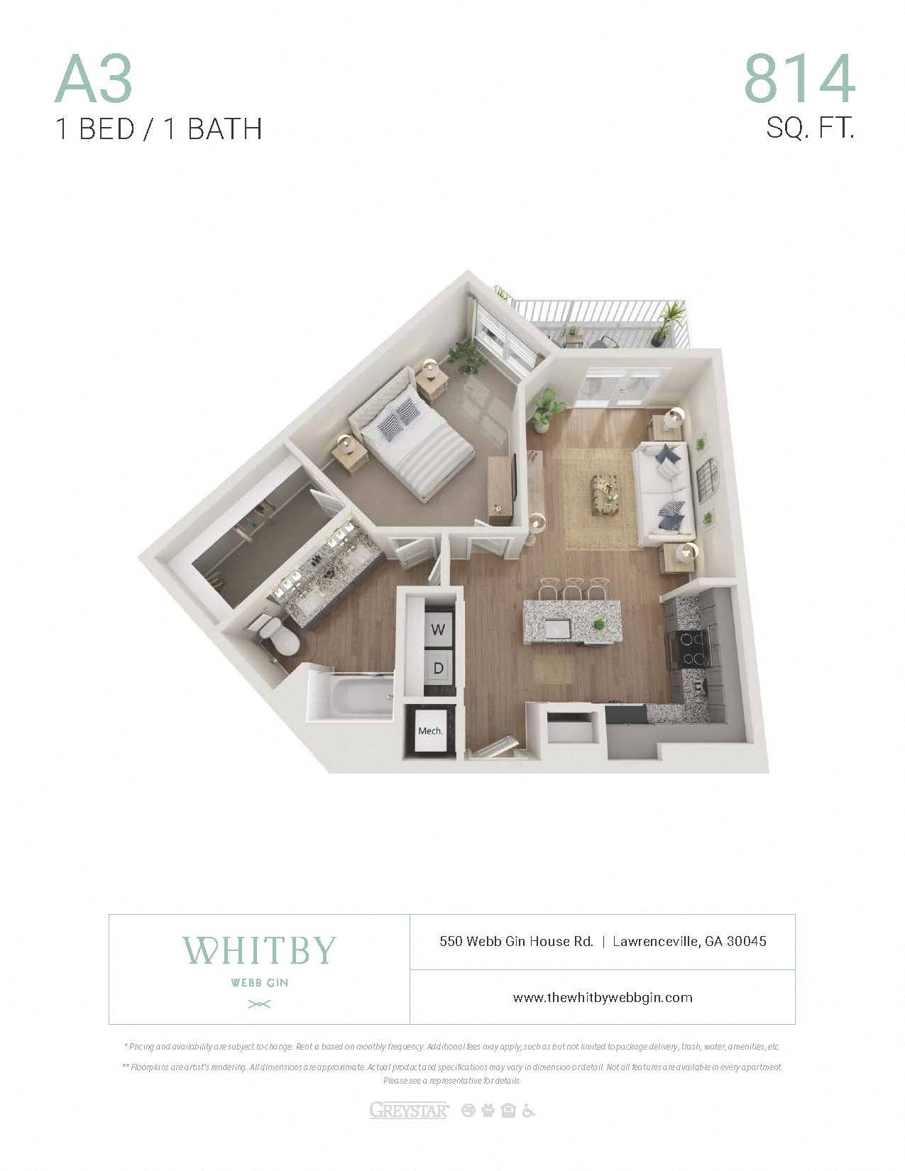 A 3 bedroom apartment with 1 bathroom is 814 square feet.
