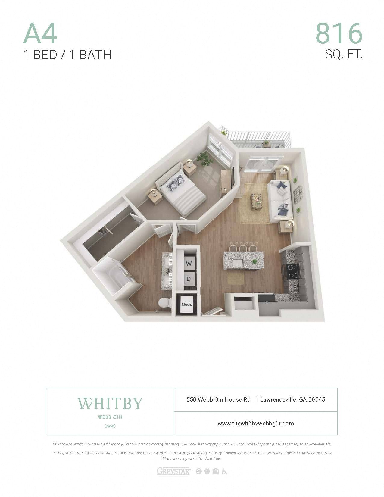 A 3D image of a small apartment with a bedroom, bathroom, and kitchen.