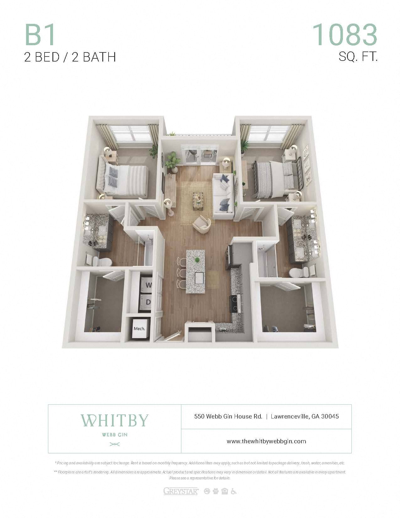 A floor plan for a 2 bedroom, 2 bath apartment at 590 Webb Gin Road, Lawrenceville, GA 30045.