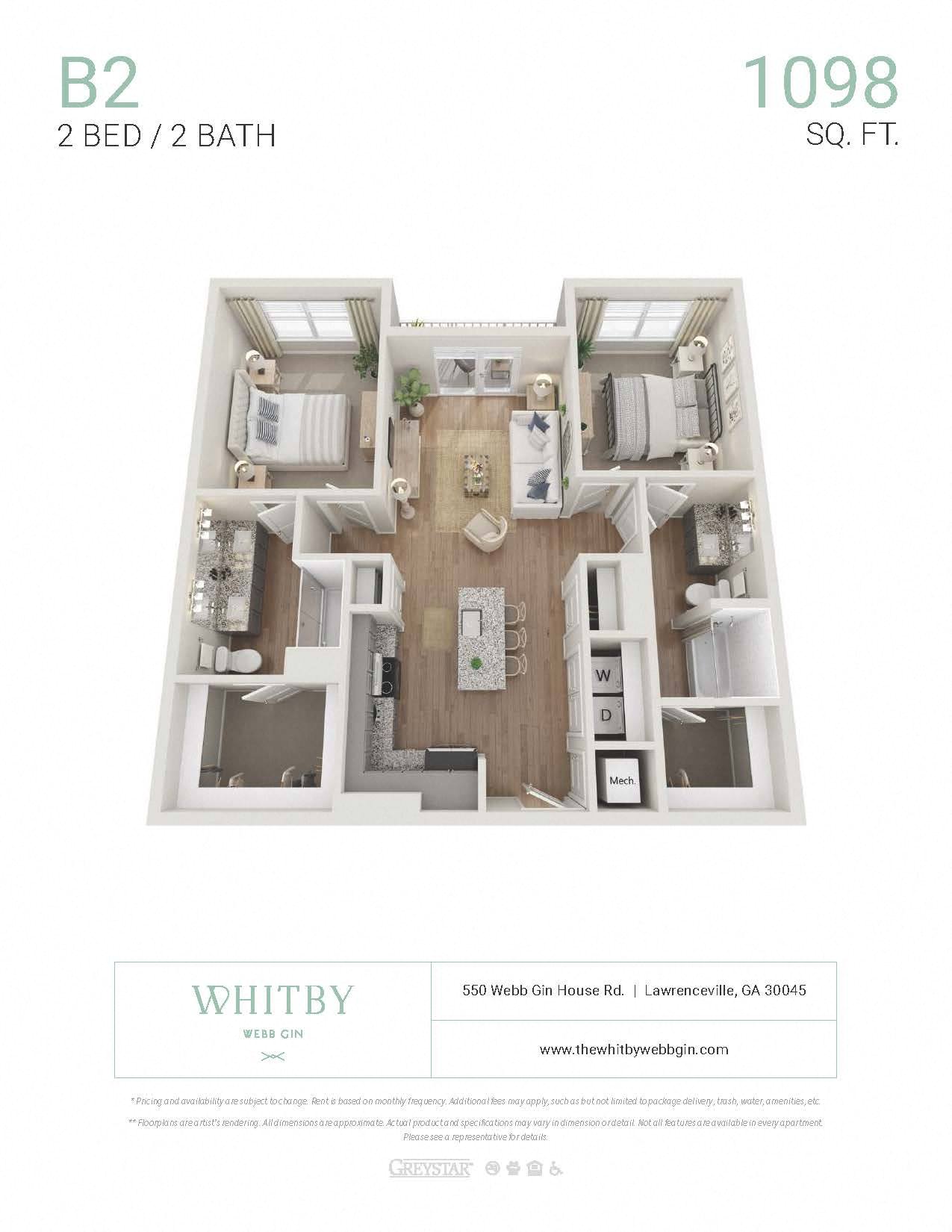 A floor plan for a 1098 square foot home with two bedrooms and two bathrooms.