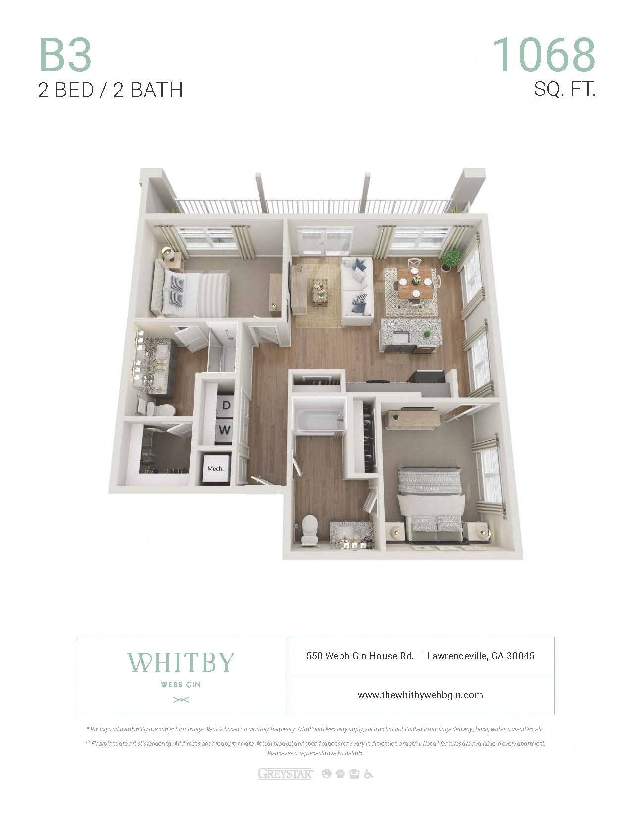 A floor plan for a 1068 square foot apartment with two bedrooms and two bathrooms.