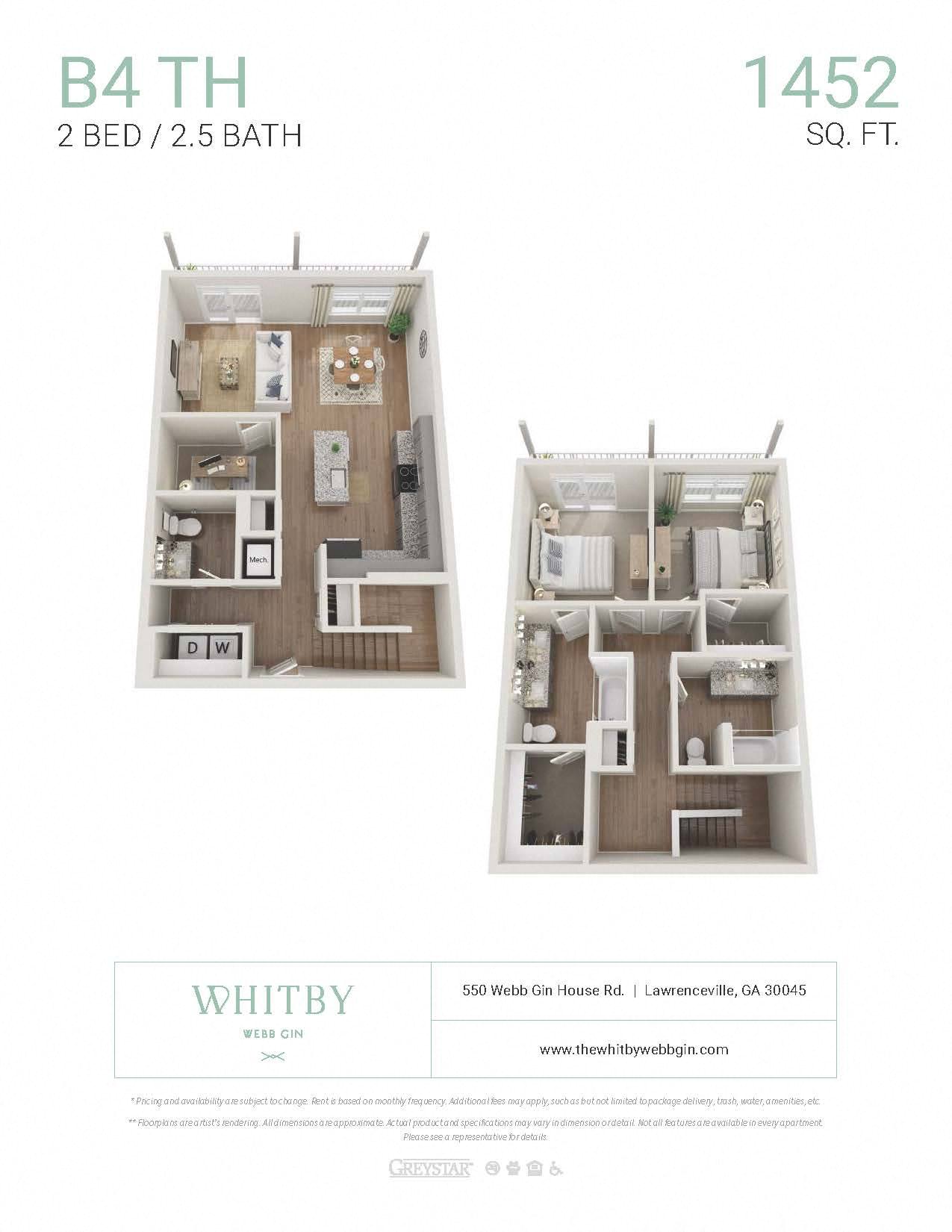 A floor plan for a 2 bedroom, 2.5 bathroom apartment that is 1452 square feet.