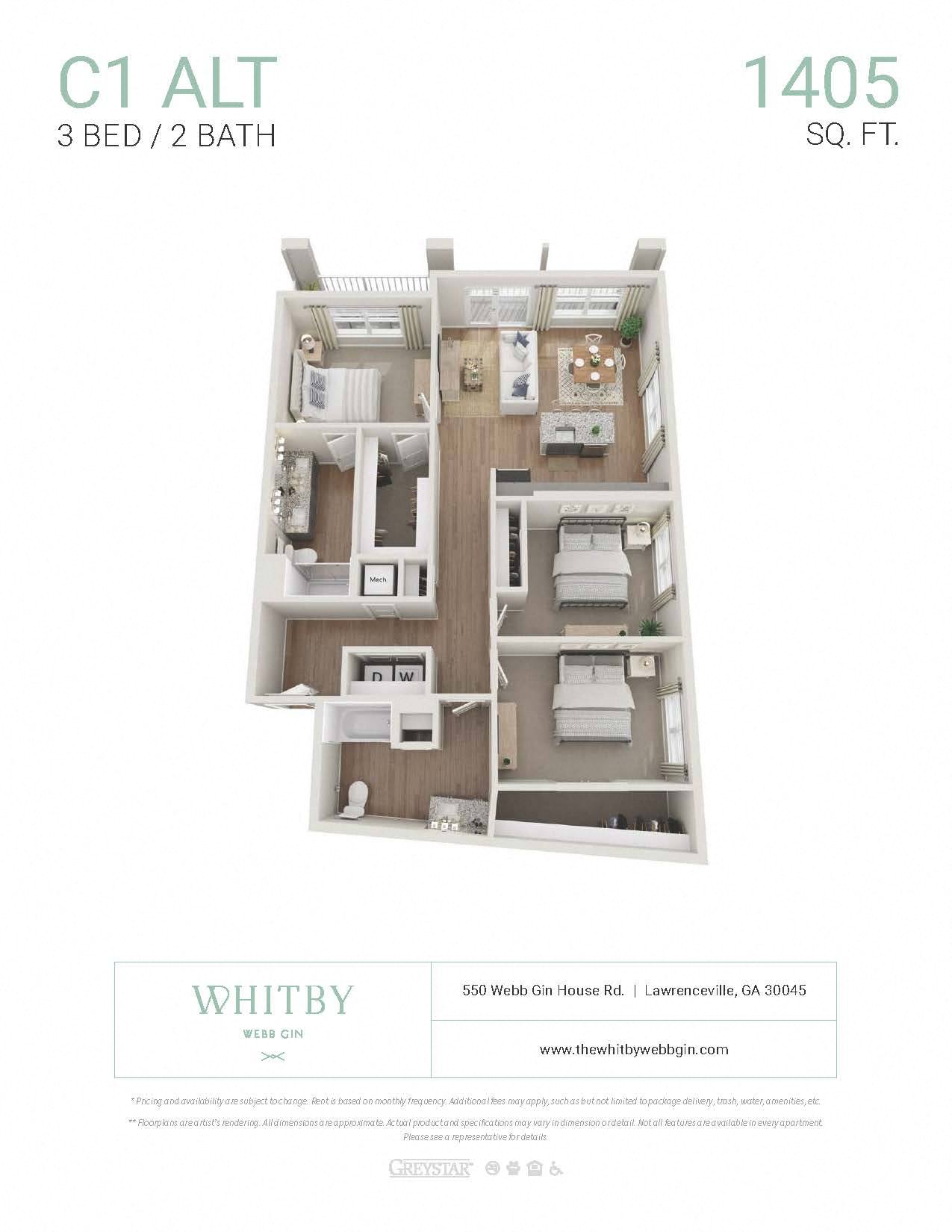 A Whitby apartment floor plan shows a 3 bedroom, 2 bathroom apartment is 1405 square feet.