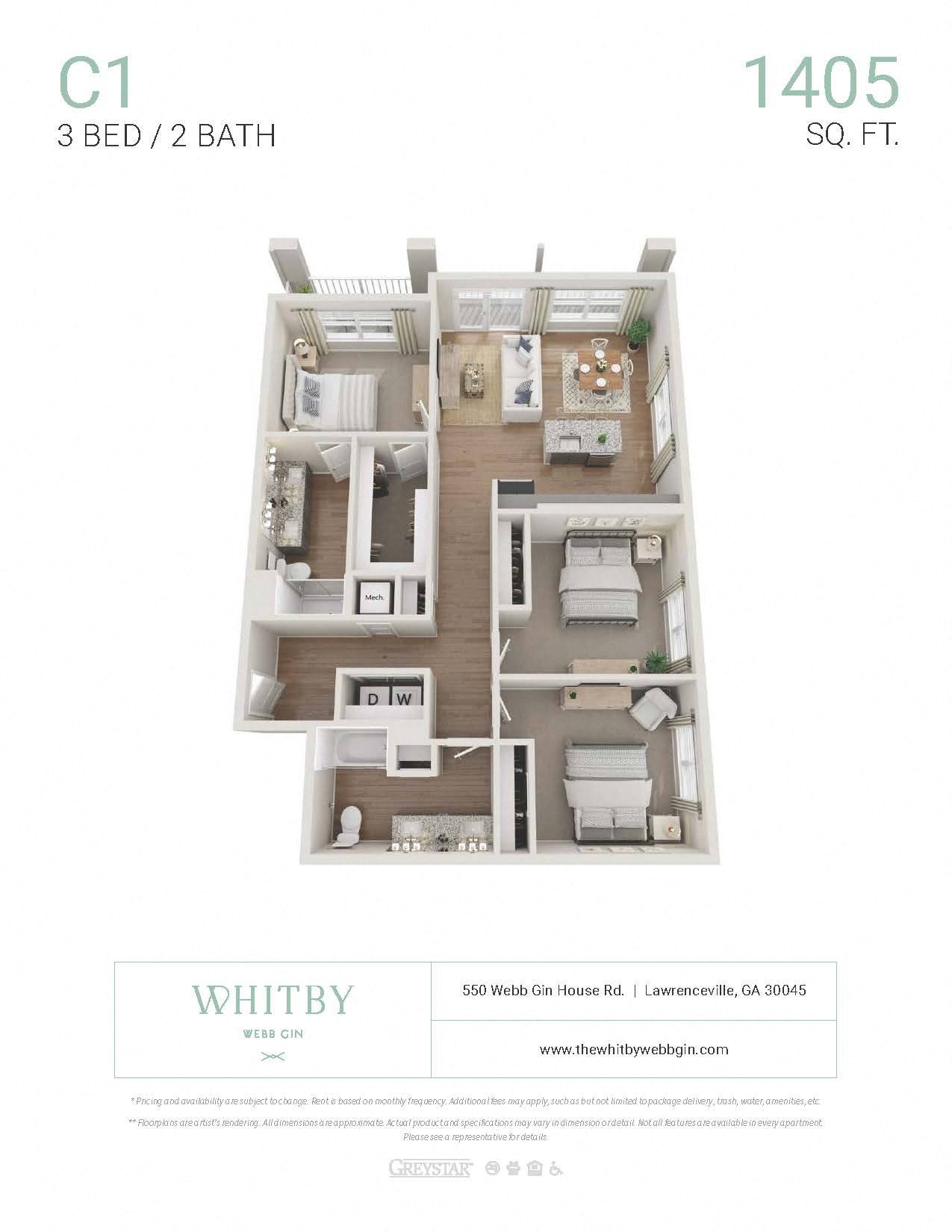 A Whitby Gin house plan shows a 3 bedroom, 2 bathroom apartment.