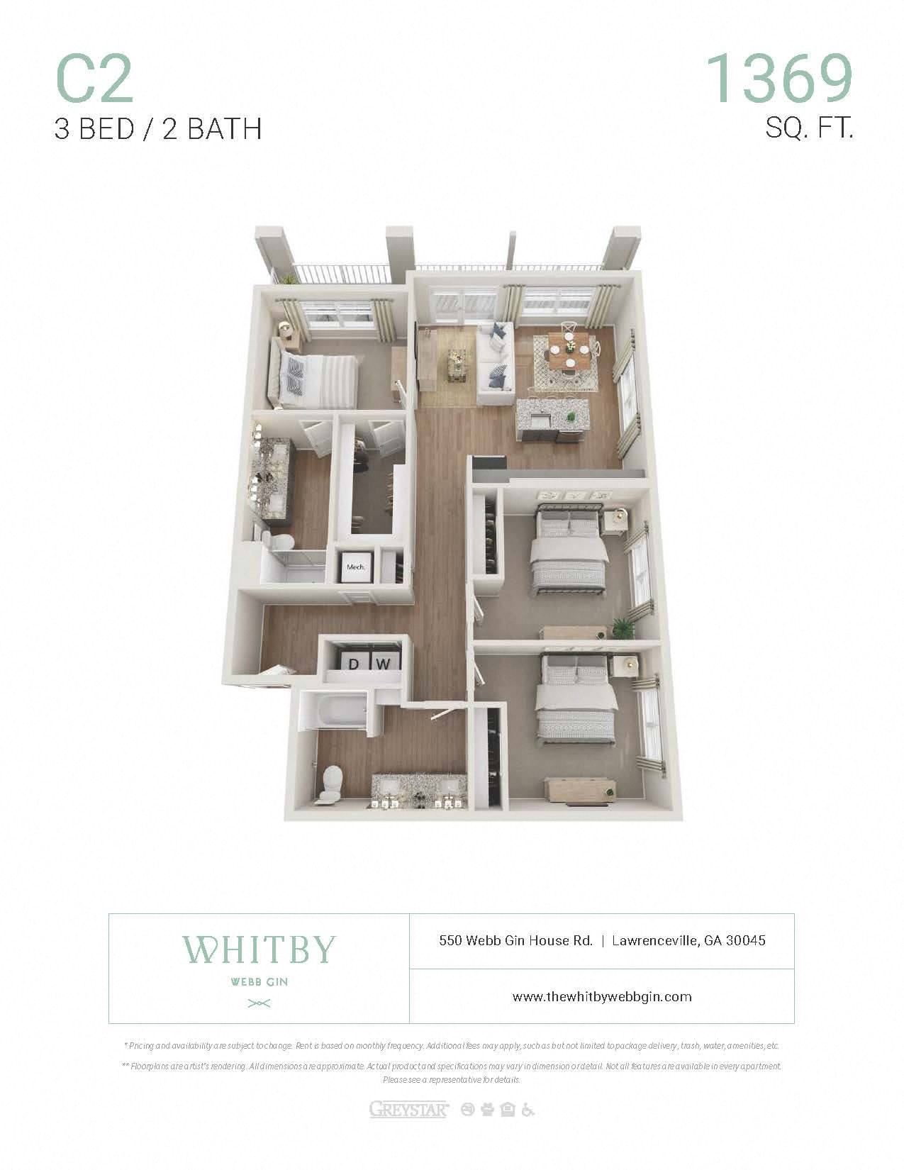 A Whitby brand house plan shows a 3 bedroom / 2 bathroom apartment.