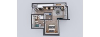 A 3D rendered image of a house layout.