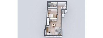 A top-down view of a modern apartment layout.