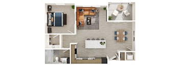 A top-down view of a modern apartment layout with a kitchen, living room, and dining area.