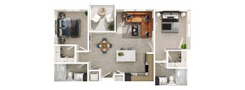 A top-down view of a modern apartment layout with a kitchen, living room, and bathroom.