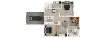A floor plan of a house with a garage, living room, dining room, kitchen, and two bedrooms.