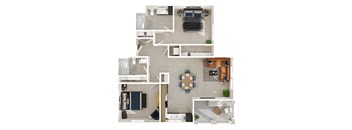 A top-down view of a house layout with a kitchen, living room, dining area, and bedrooms.