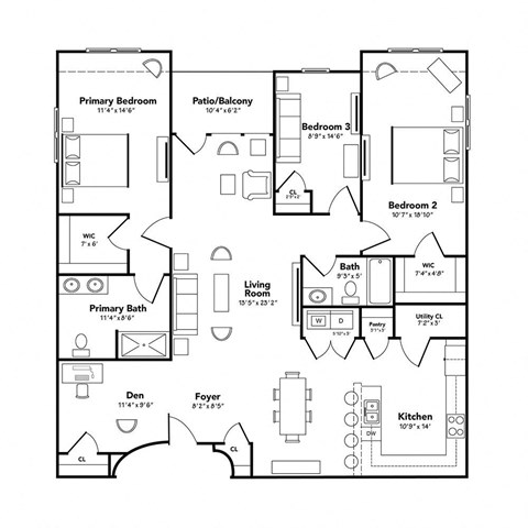 a floor plan of a home with bedrooms and a large living room