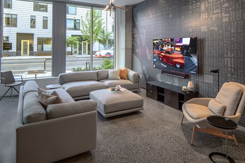 a living room with couches and a tv in front of a window