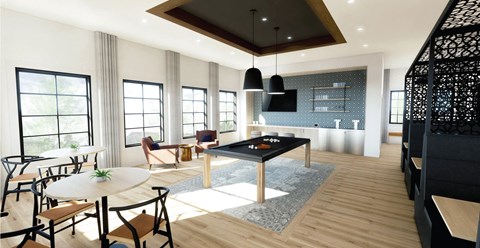 A modern living room with a dining table and chairs.