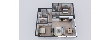 A top-down view of a multi-level apartment layout.
