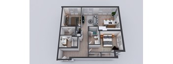 A top-down view of a two-bedroom apartment with a living room, kitchen, and bathroom.