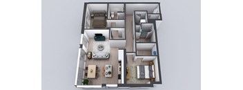A 3D floor plan of a small apartment with a kitchen, living room, and bedrooms.