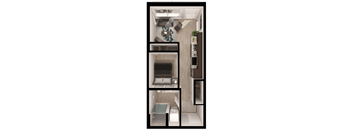 a tiny house with a bathroom and a living room