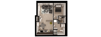 a 3d floor plan of a bedroom with a bathroom and a living room