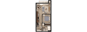 a floor plan of a bedroom with a bathroom and a living room